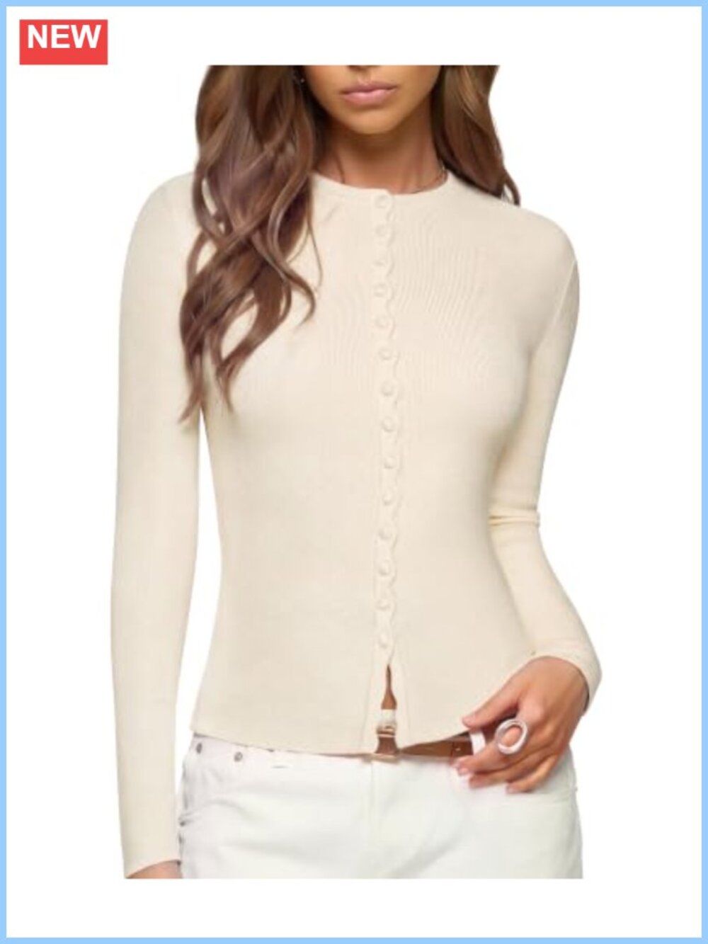 SUUKSESS Cashmere Blend Crewneck Cardigan Sweater Long Sleeve Fitted Fall Winter